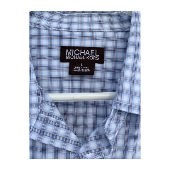 Michael Michael Kors Blue Plaid Button Up Shirt Roll Tab Sleeves Epaulets Sz L - Picture 2 of 6